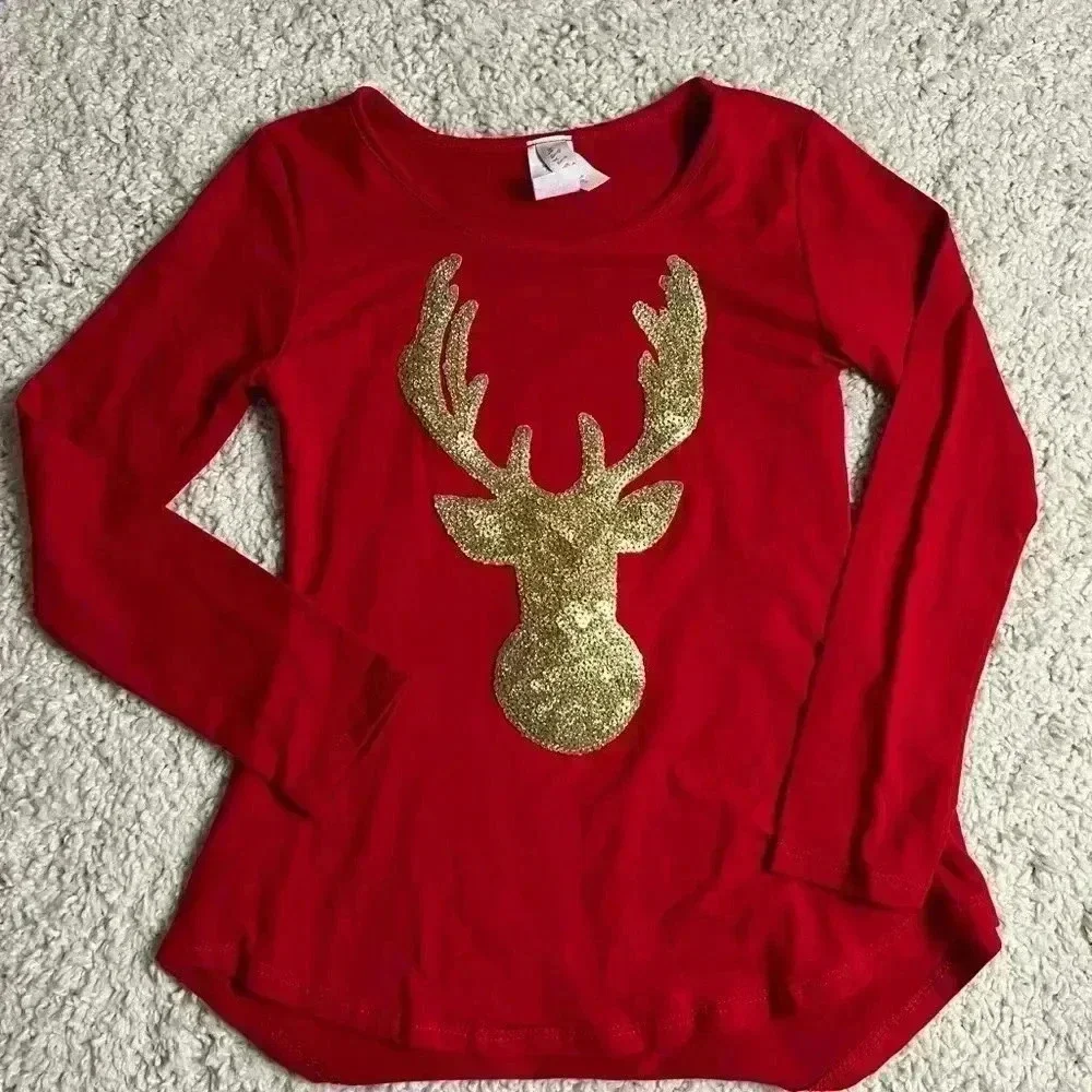 GIRLS SIZE 8 BEAUTIFUL RED CHRISTMAS TOO WITH GOLD SEQUENCE DEER HEAD GUC
